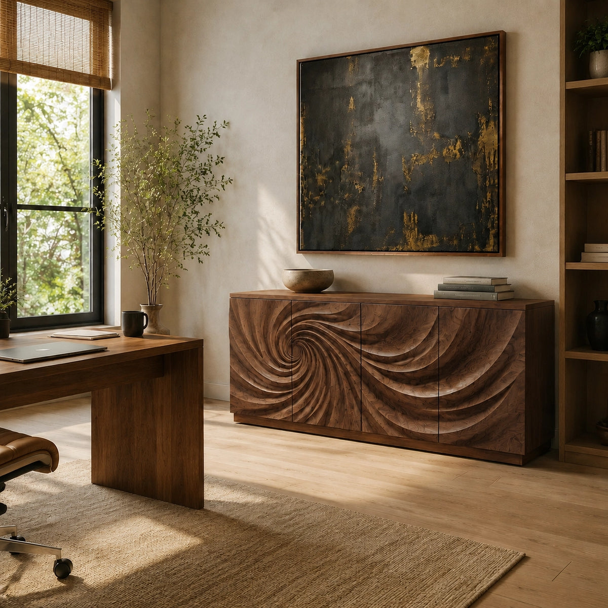 Sideboard with Sculptural Spiral-Carved Doors in Natural Solid Wood - Woodenecho - 5