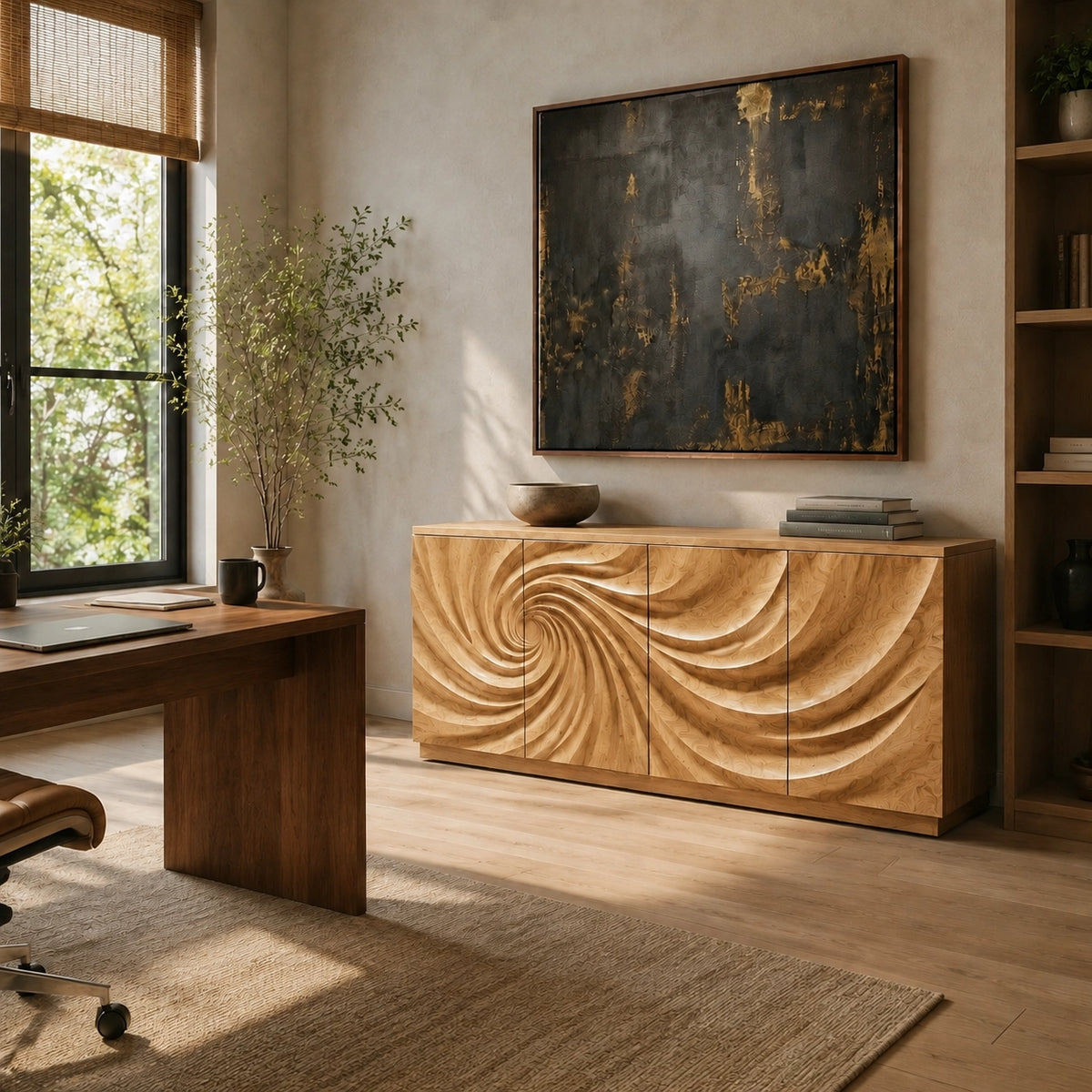 Sideboard with Sculptural Spiral-Carved Doors in Natural Solid Wood - Woodenecho - 6
