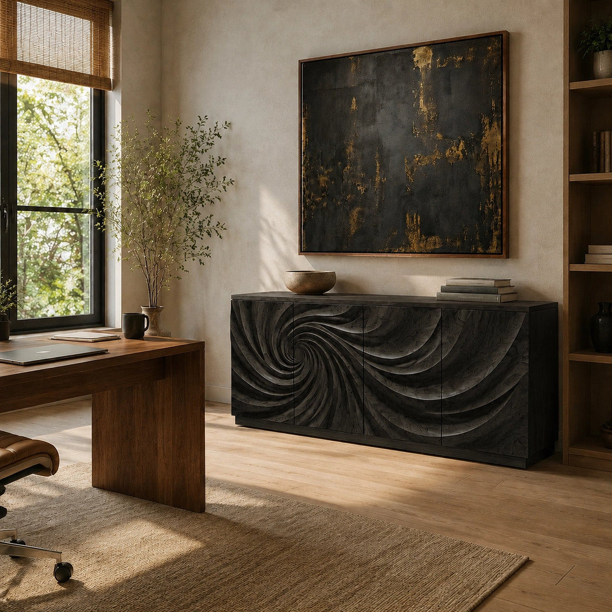 Sideboard with Sculptural Spiral-Carved Doors in Natural Solid Wood - Woodenecho - 7