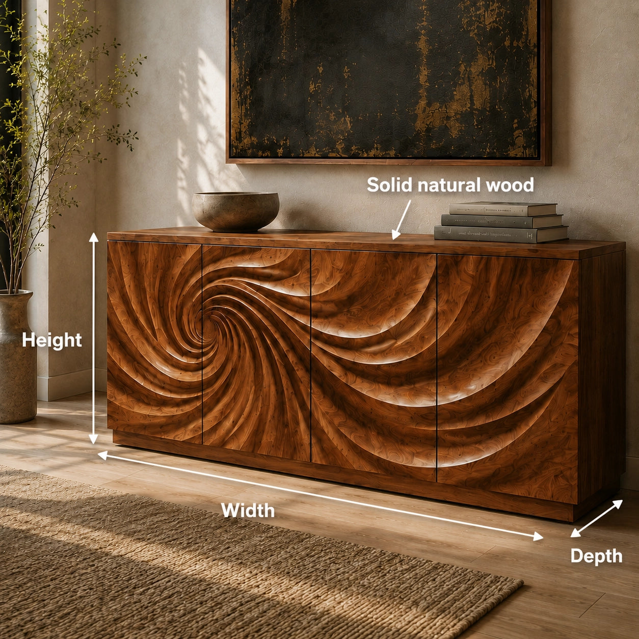 Sideboard with Sculptural Spiral-Carved Doors in Natural Solid Wood - Woodenecho - 8