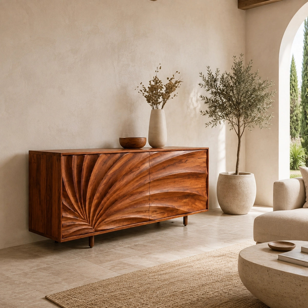 Sideboard with Sculptural Wave-Carved Doors in Natural Solid Wood - Woodenecho - 1