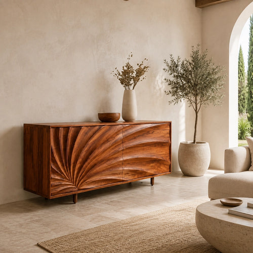 Sideboard with Sculptural Wave-Carved Doors in Natural Solid Wood - Woodenecho - 1