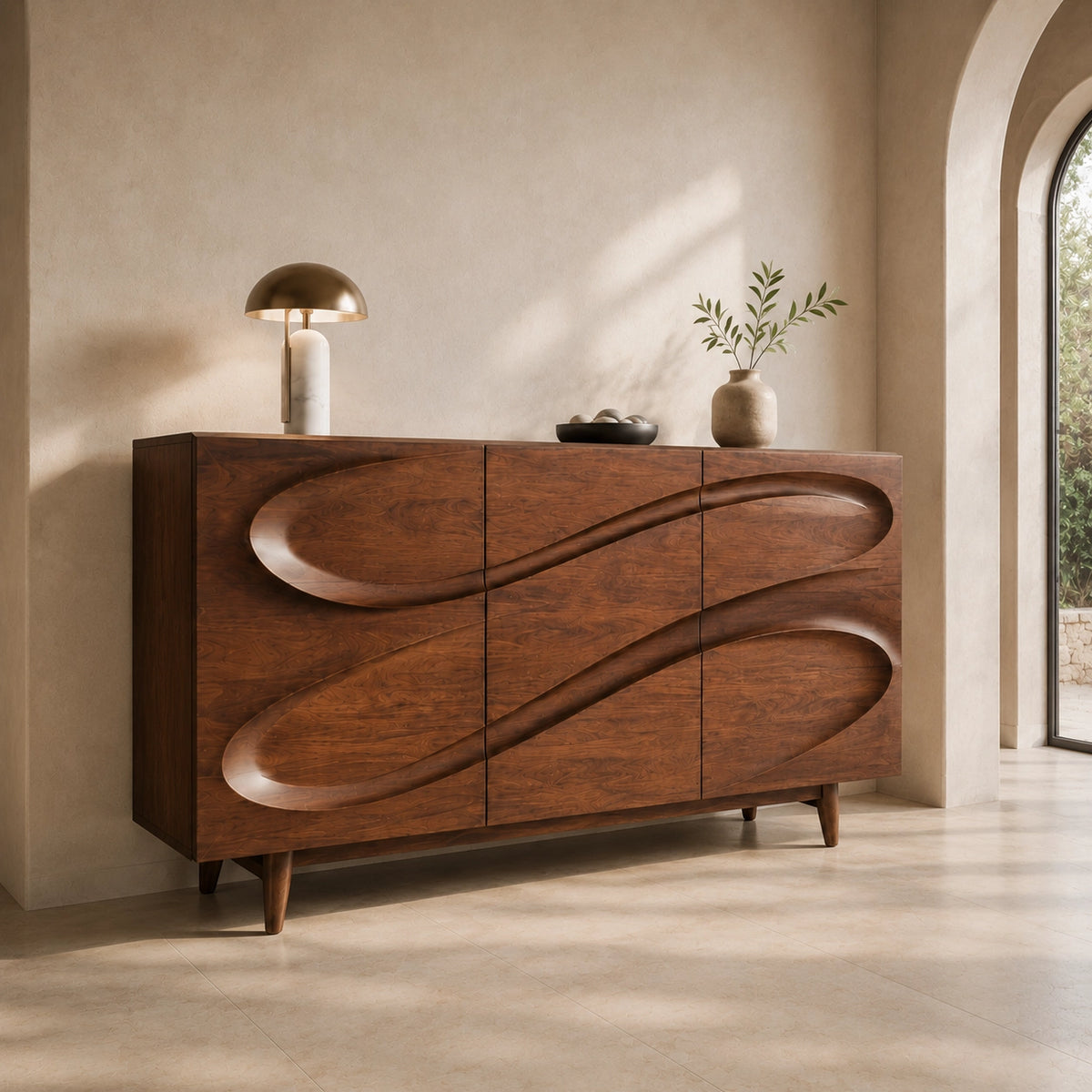 Sideboard with Sculptural Wave-Carved Doors in Natural Solid Wood - Woodenecho - 1