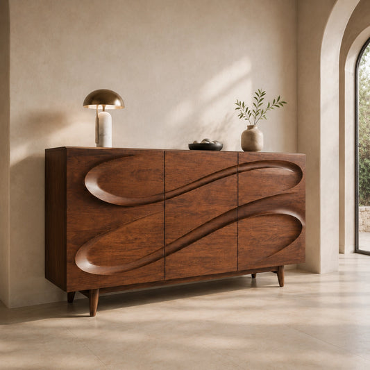 Sideboard with Sculptural Wave-Carved Doors in Natural Solid Wood - Woodenecho - 1