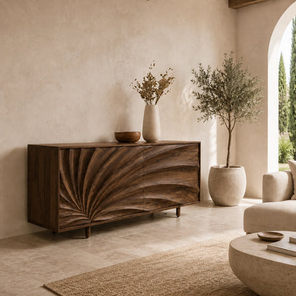 Sideboard with Sculptural Wave-Carved Doors in Natural Solid Wood - Woodenecho - 2
