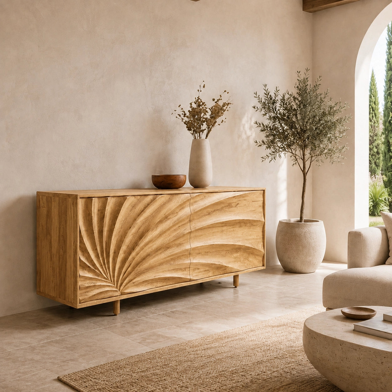 Sideboard with Sculptural Wave-Carved Doors in Natural Solid Wood - Woodenecho - 3