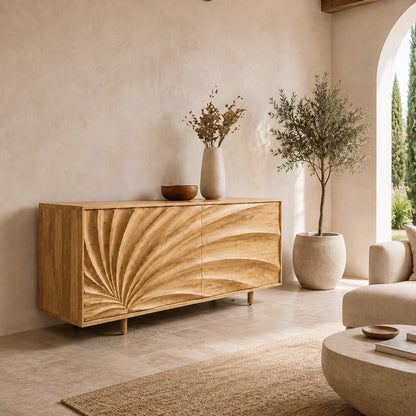 Sideboard with Sculptural Wave-Carved Doors in Natural Solid Wood - Woodenecho - 3