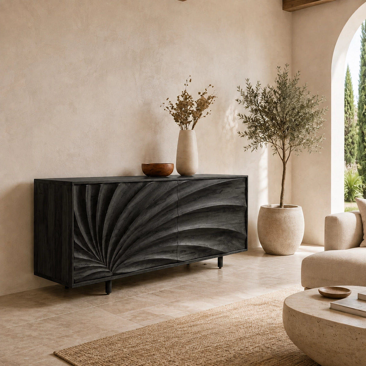 Sideboard with Sculptural Wave-Carved Doors in Natural Solid Wood - Woodenecho - 4