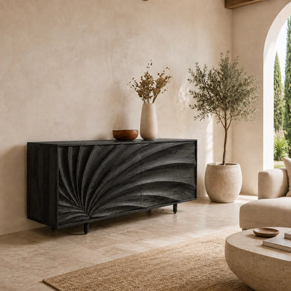 Sideboard with Sculptural Wave-Carved Doors in Natural Solid Wood - Woodenecho - 4