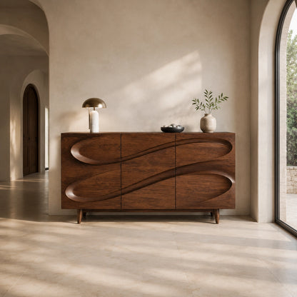 Sideboard with Sculptural Wave-Carved Doors in Natural Solid Wood - Woodenecho - 4