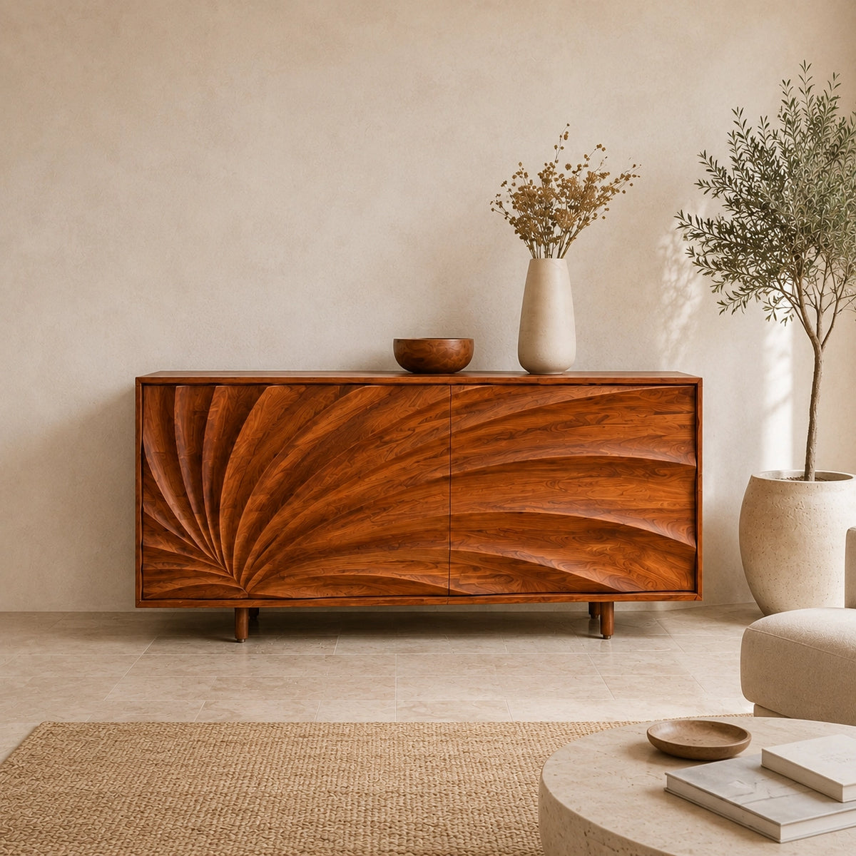 Sideboard with Sculptural Wave-Carved Doors in Natural Solid Wood - Woodenecho - 5