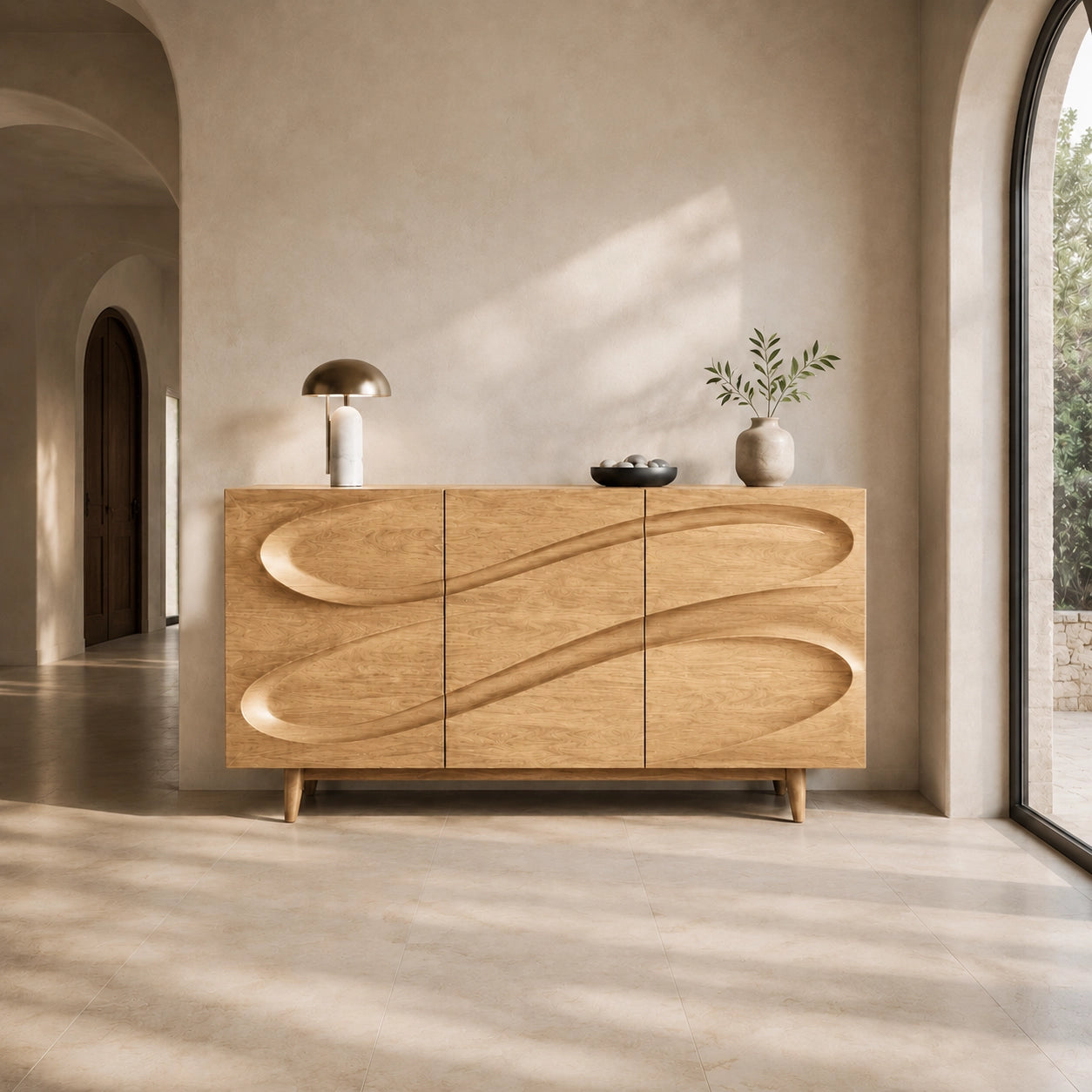 Sideboard with Sculptural Wave-Carved Doors in Natural Solid Wood - Woodenecho - 5