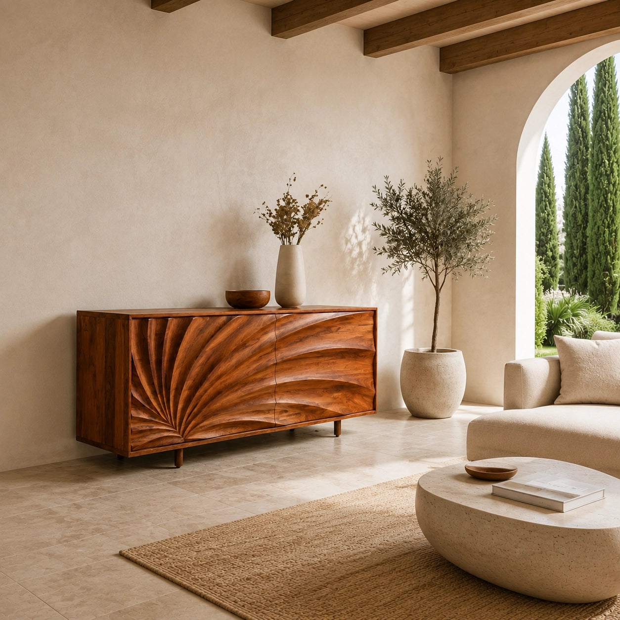 Sideboard with Sculptural Wave-Carved Doors in Natural Solid Wood - Woodenecho - 6
