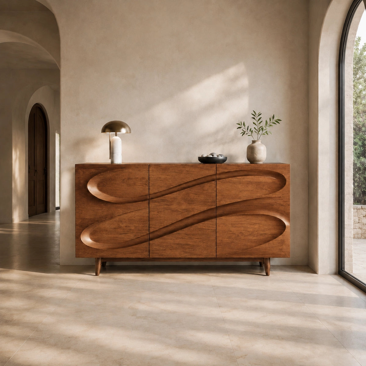 Sideboard with Sculptural Wave-Carved Doors in Natural Solid Wood - Woodenecho - 6
