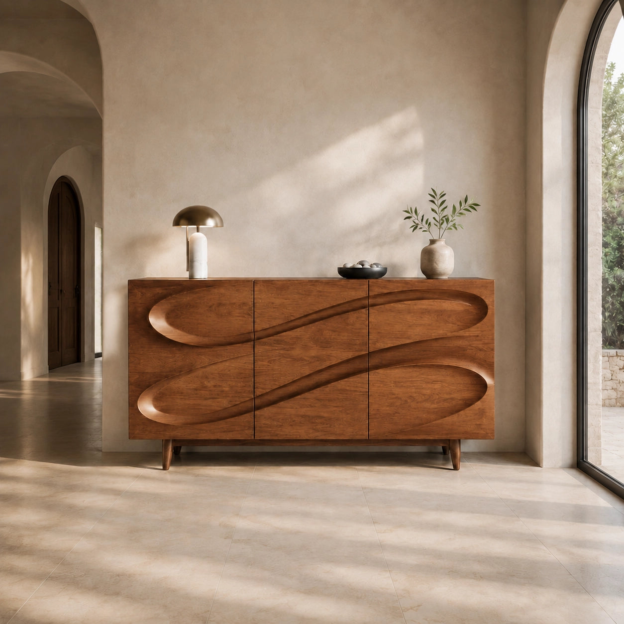 Sideboard with Sculptural Wave-Carved Doors in Natural Solid Wood - Woodenecho - 6