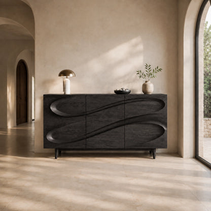Sideboard with Sculptural Wave-Carved Doors in Natural Solid Wood - Woodenecho - 7