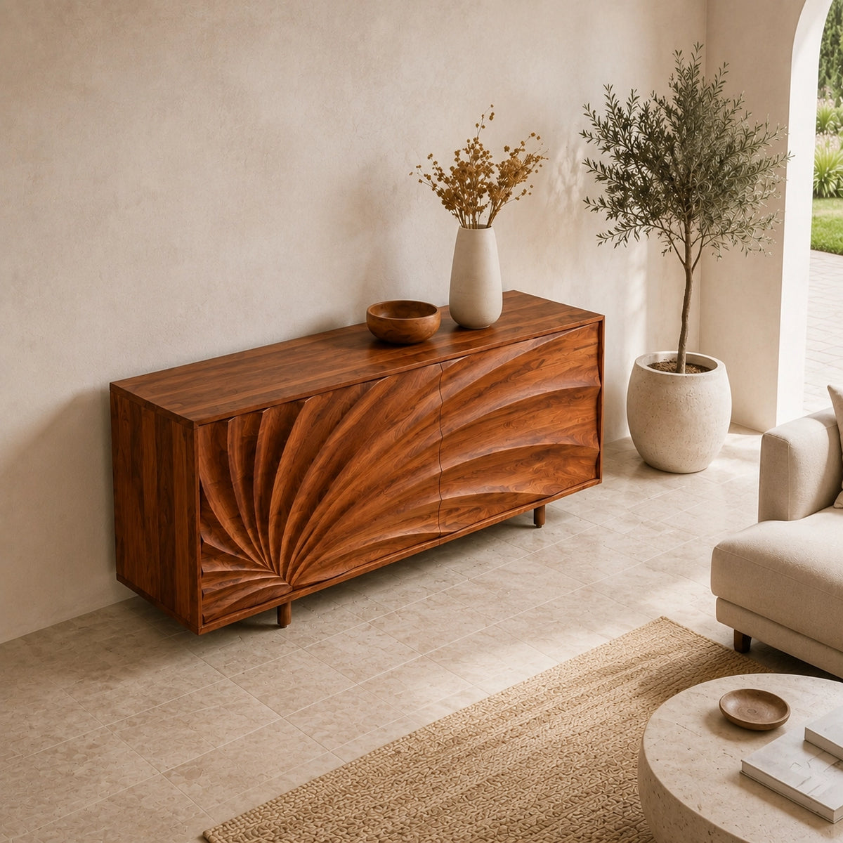 Sideboard with Sculptural Wave-Carved Doors in Natural Solid Wood - Woodenecho - 8