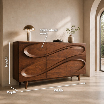Sideboard with Sculptural Wave-Carved Doors in Natural Solid Wood - Woodenecho - 8