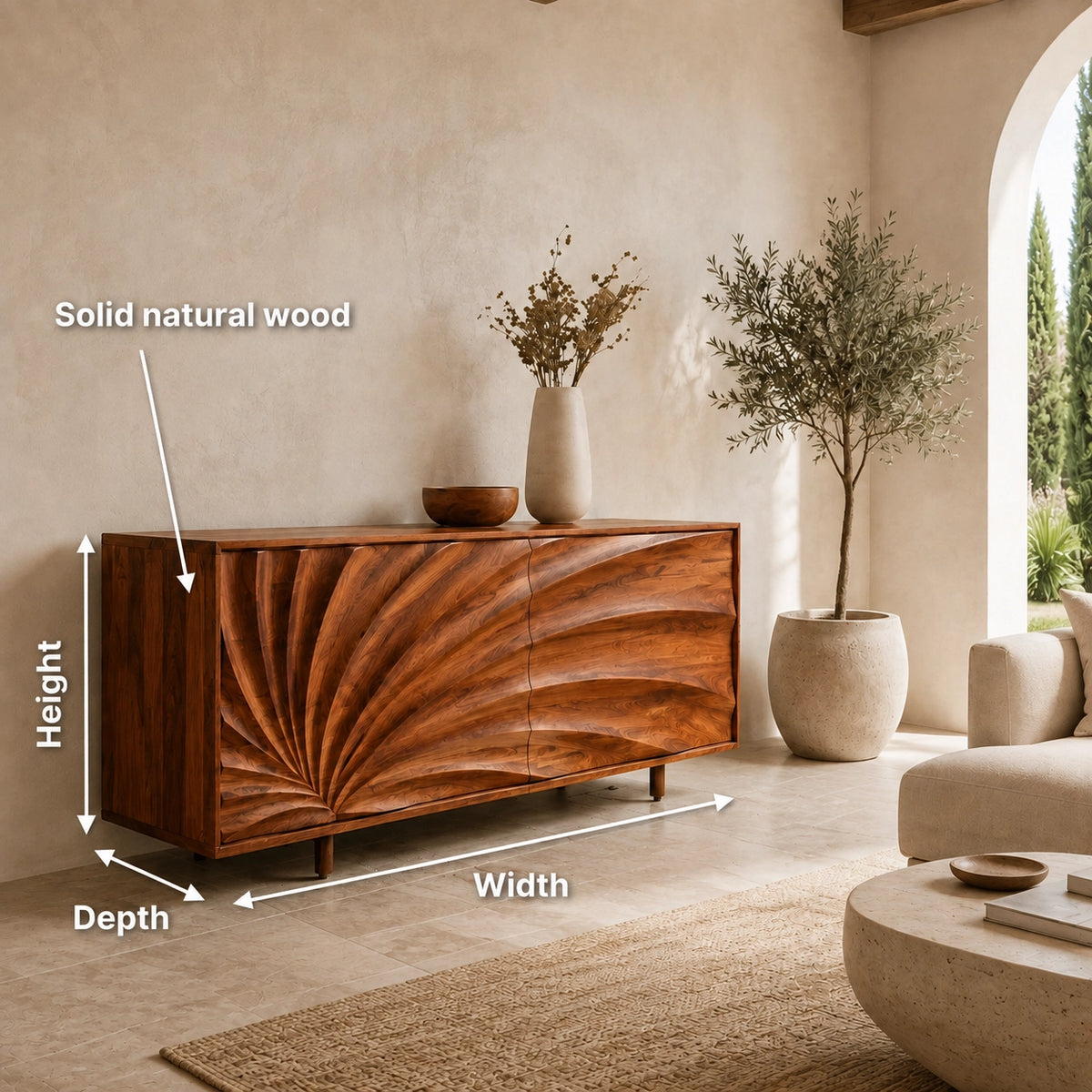 Sideboard with Sculptural Wave-Carved Doors in Natural Solid Wood - Woodenecho - 9