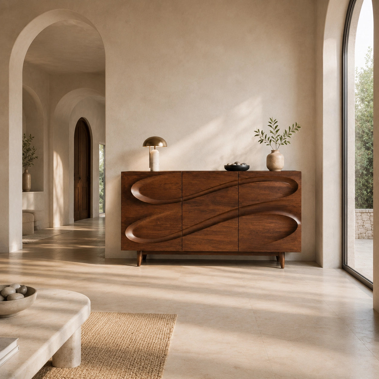 Sideboard with Sculptural Wave-Carved Doors in Natural Solid Wood - Woodenecho - 9