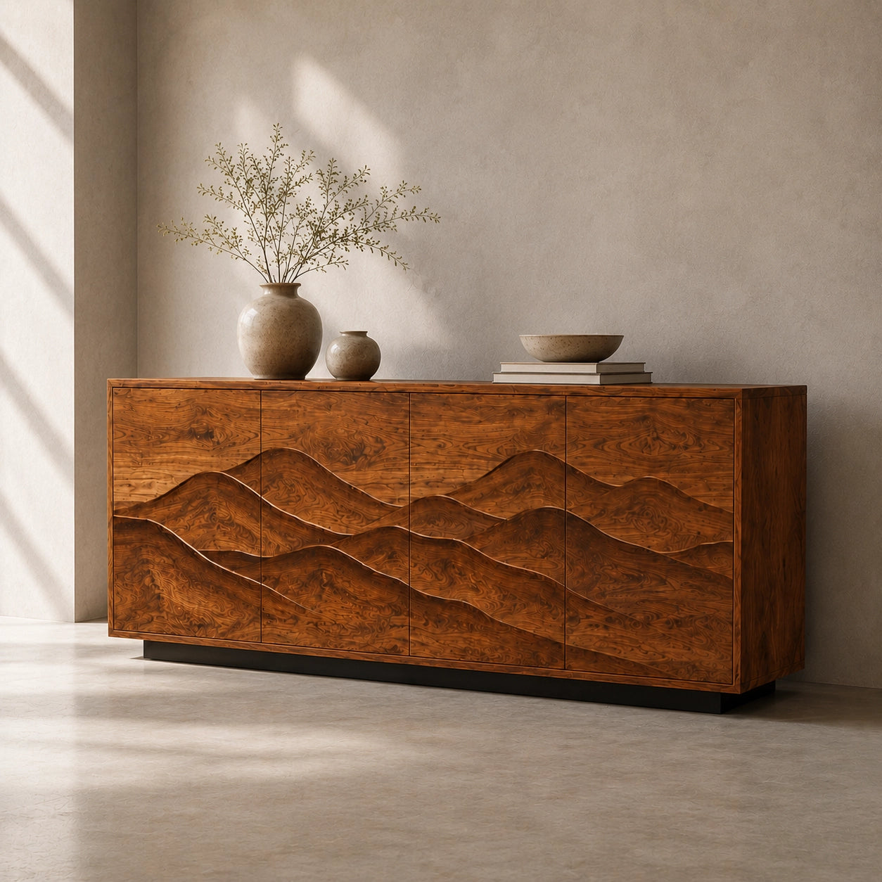 Sideboard with Wave-Carved Cabinet Doors in Natural Solid Wood Design - Woodenecho - 1