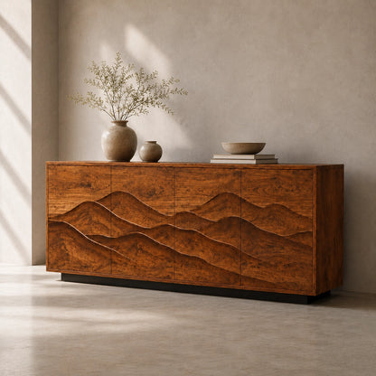 Sideboard with Wave-Carved Cabinet Doors in Natural Solid Wood Design - Woodenecho - 1