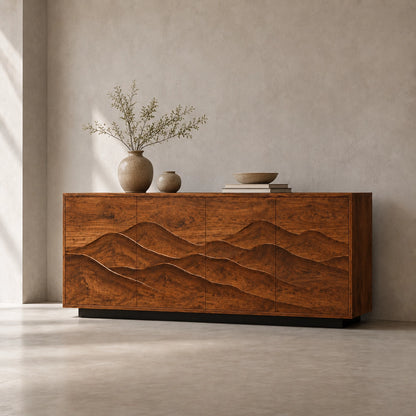 Sideboard with Wave-Carved Cabinet Doors in Natural Solid Wood Design - Woodenecho - 2