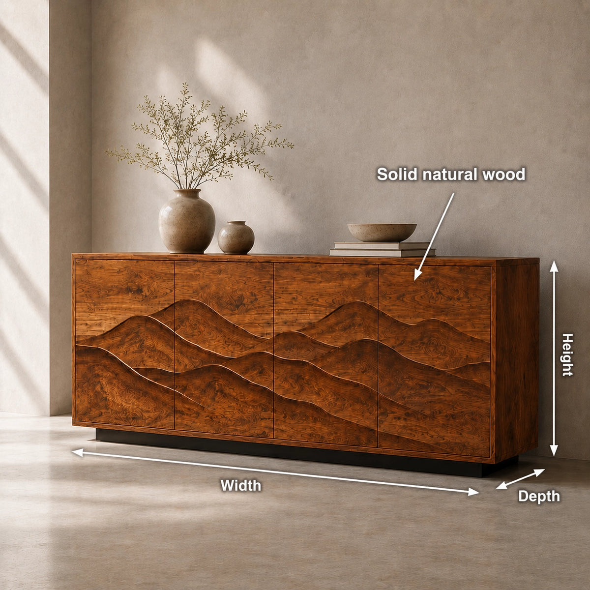 Sideboard with Wave-Carved Cabinet Doors in Natural Solid Wood Design - Woodenecho - 3