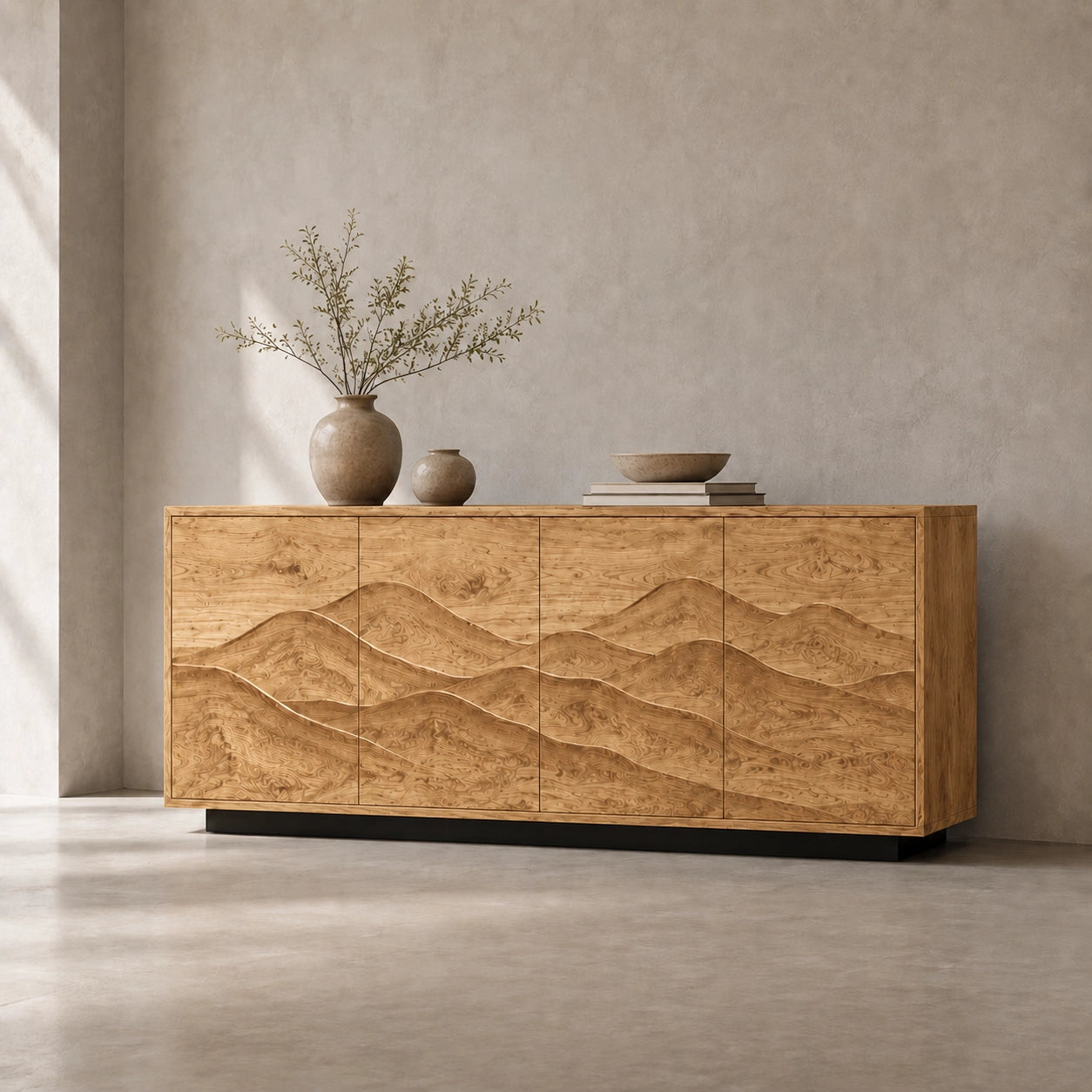 Sideboard with Wave-Carved Cabinet Doors in Natural Solid Wood Design - Woodenecho - 5