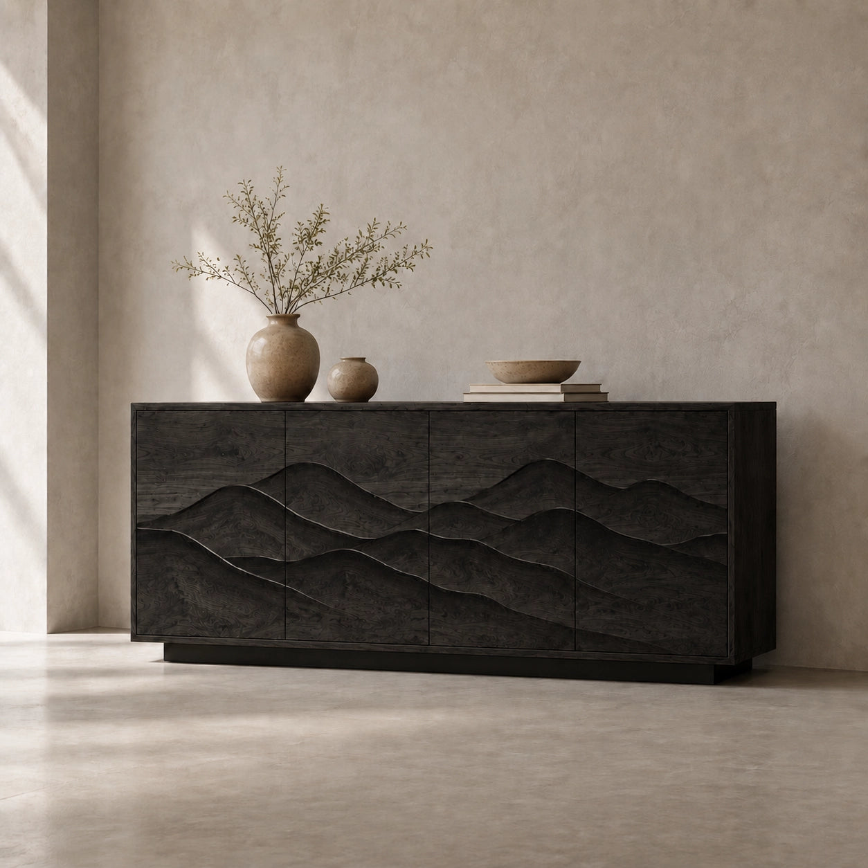 Sideboard with Wave-Carved Cabinet Doors in Natural Solid Wood Design - Woodenecho - 6