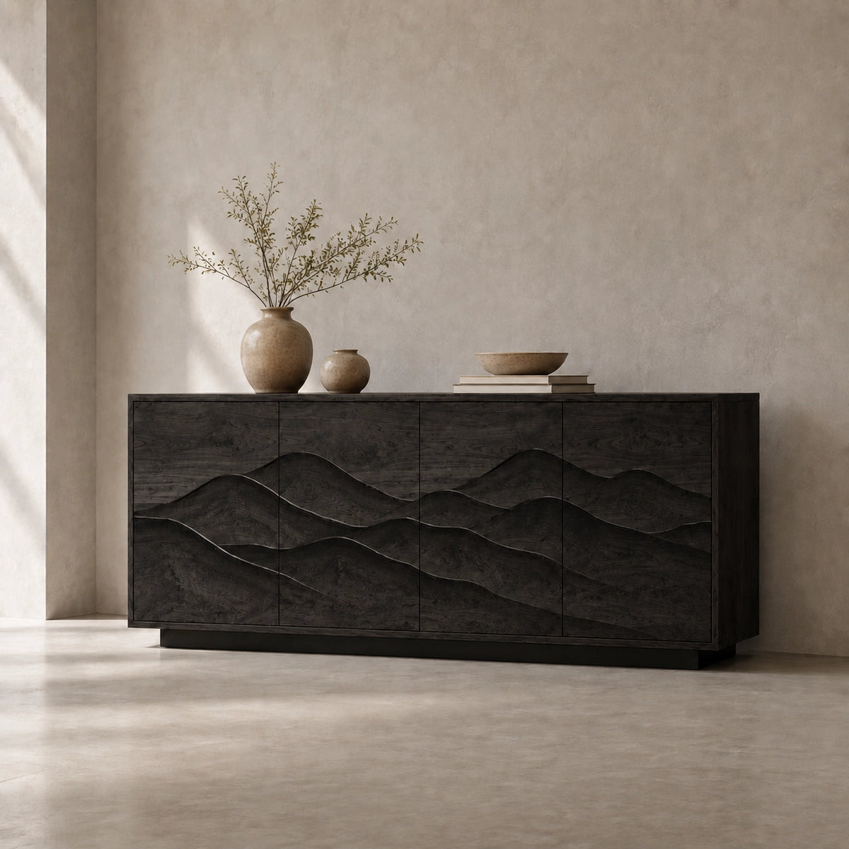 Sideboard with Wave-Carved Cabinet Doors in Natural Solid Wood Design - Woodenecho - 6