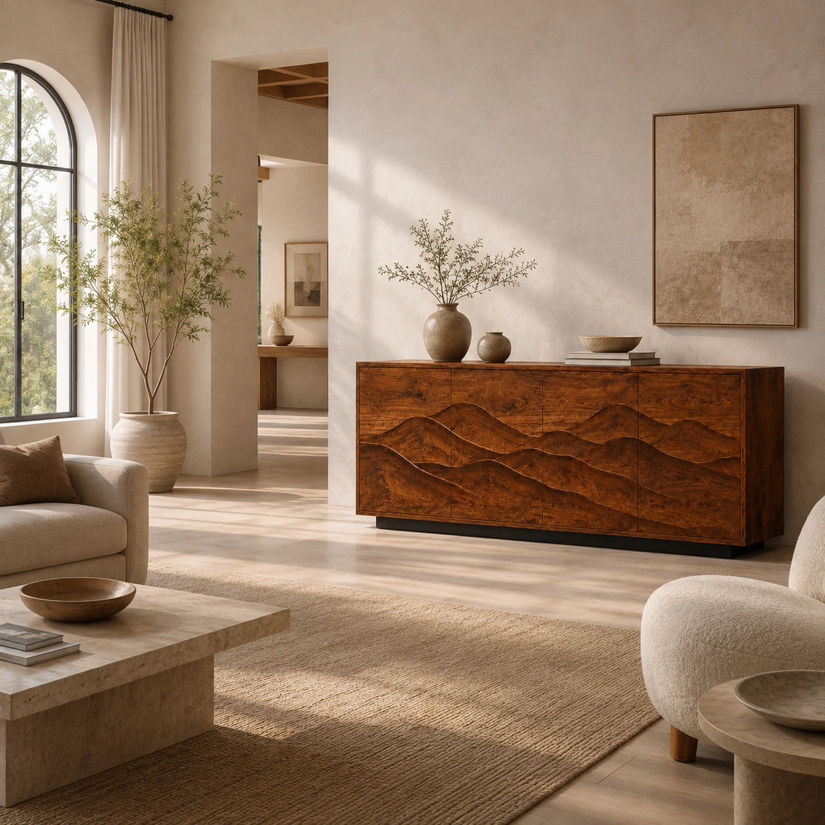 Sideboard with Wave-Carved Cabinet Doors in Natural Solid Wood Design - Woodenecho - 7