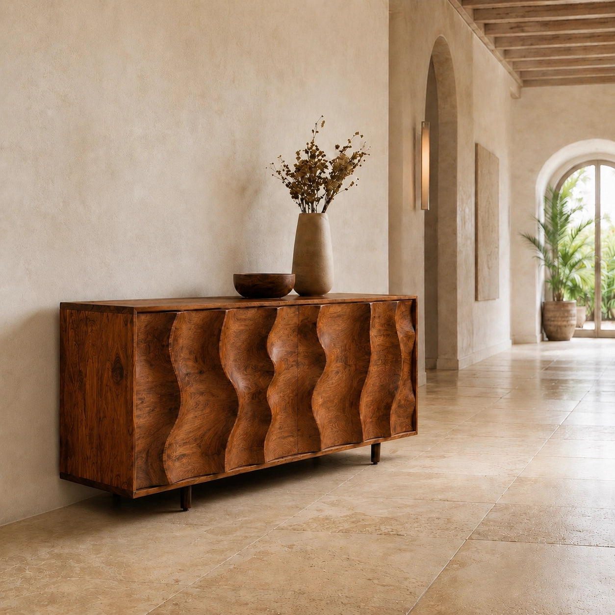 Sideboard with Wave-Carved Cabinet Doors in Natural Solid Wood Storage - Woodenecho - 1