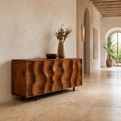 Sideboard with Wave-Carved Cabinet Doors in Natural Solid Wood Storage - Woodenecho - 1