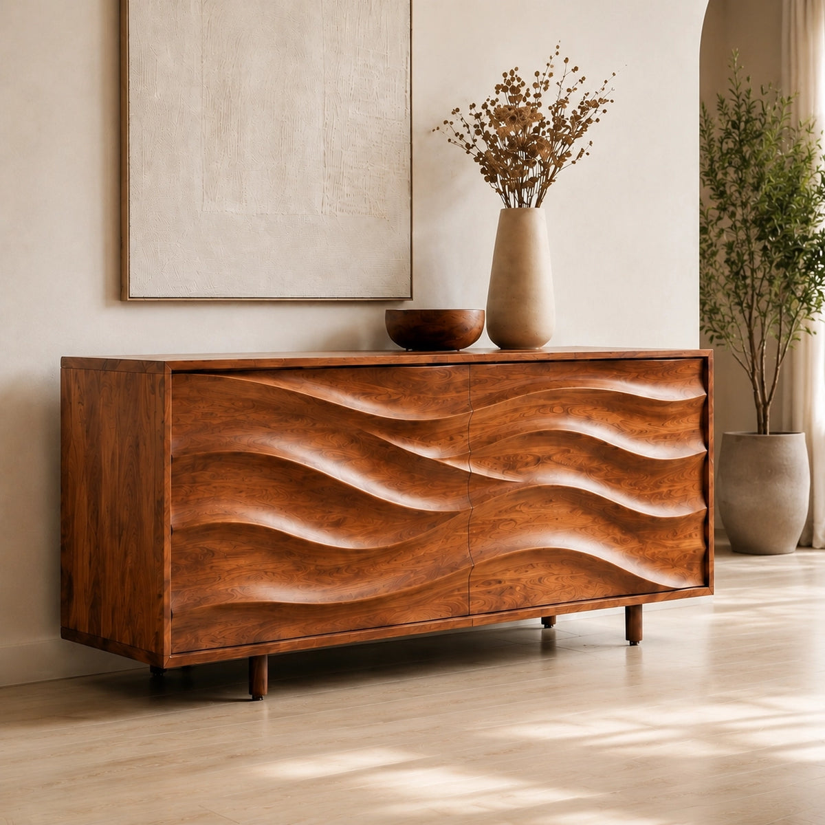 Sideboard with Wave-Carved Cabinet Doors in Natural Solid Wood Storage - Woodenecho - 1
