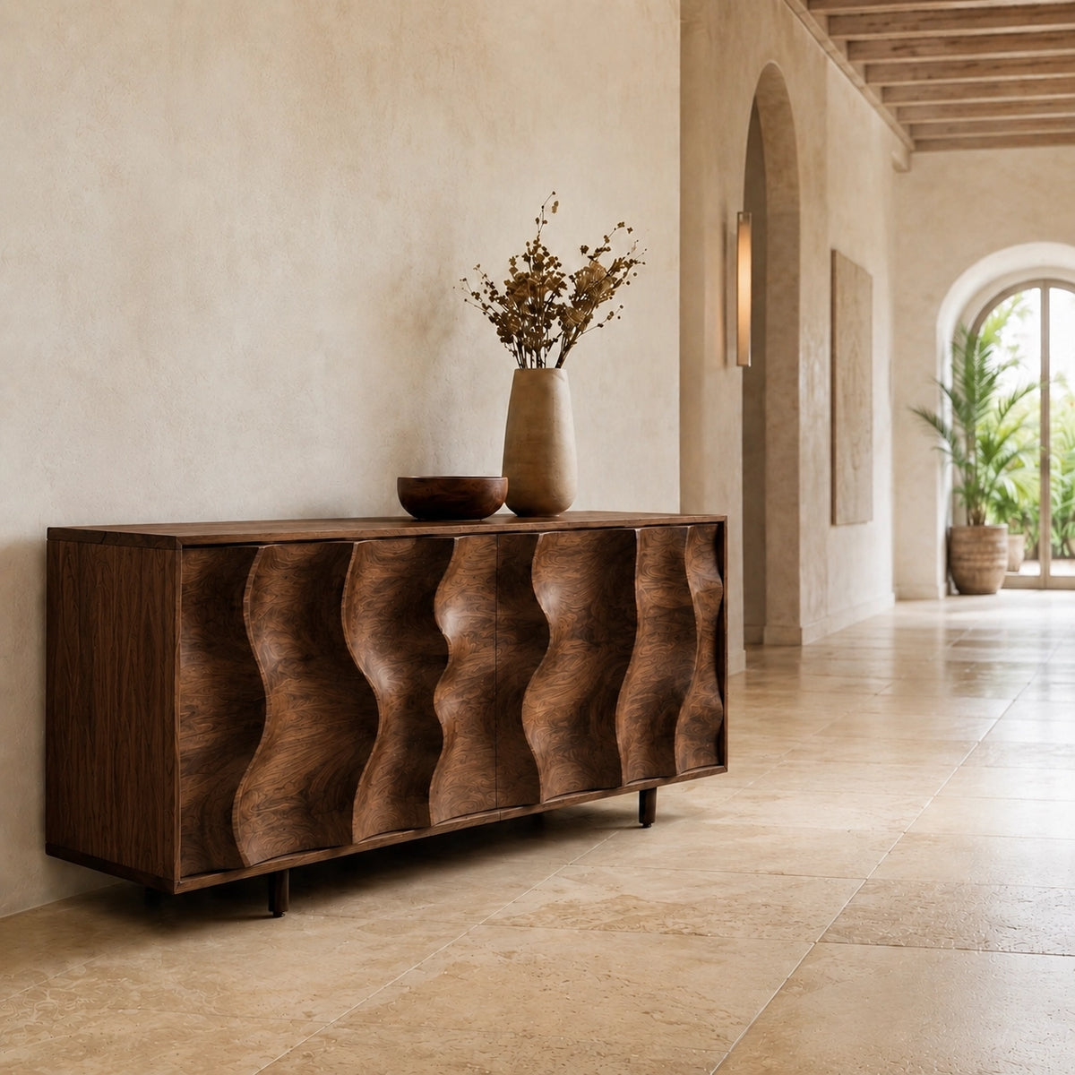 Sideboard with Wave-Carved Cabinet Doors in Natural Solid Wood Storage - Woodenecho - 2