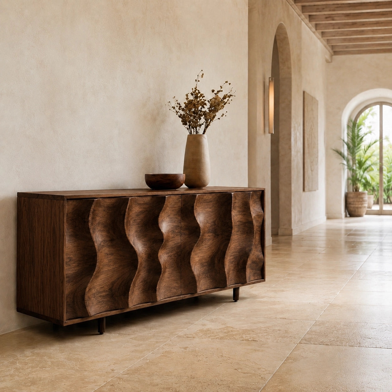 Sideboard with Wave-Carved Cabinet Doors in Natural Solid Wood Storage - Woodenecho - 2