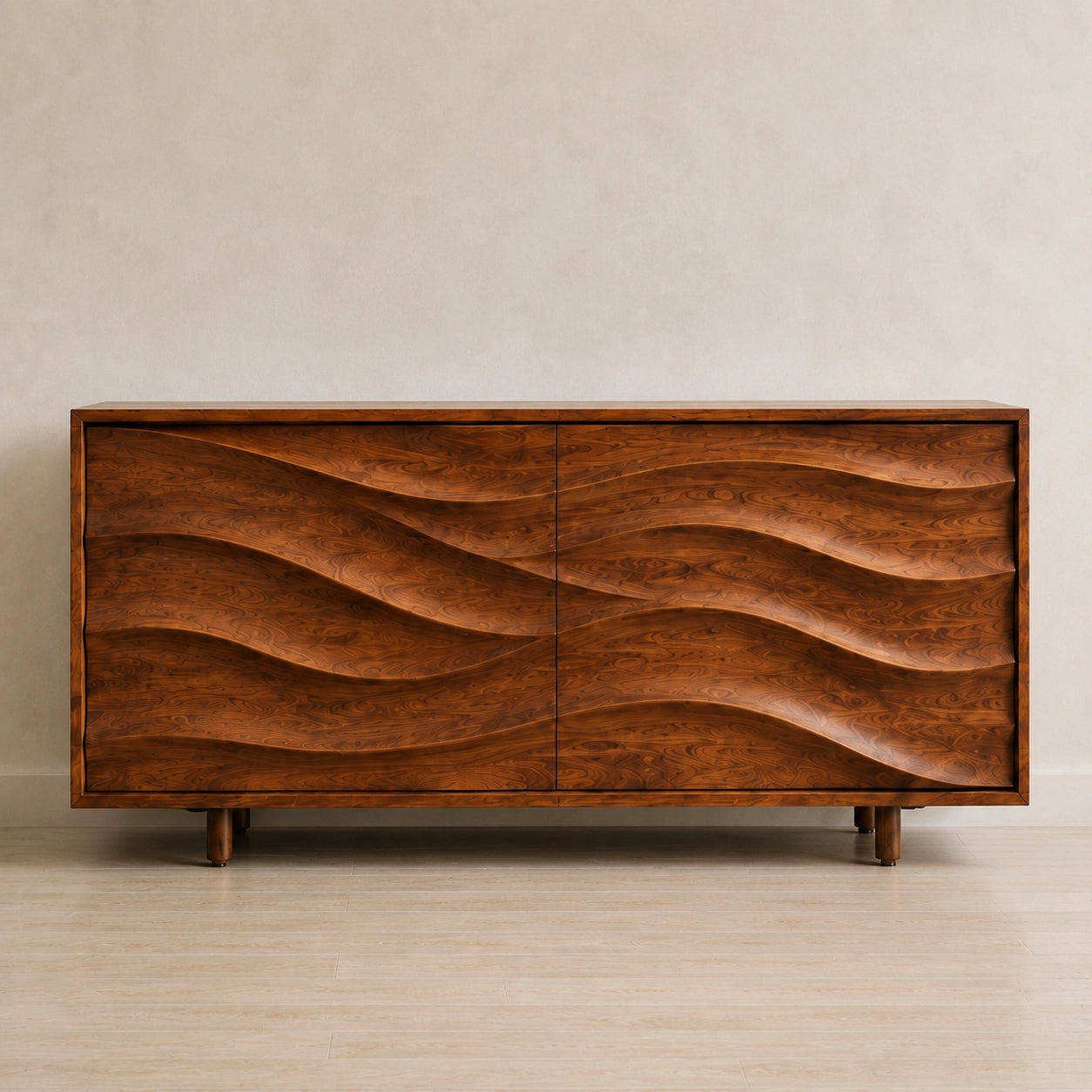 Sideboard with Wave-Carved Cabinet Doors in Natural Solid Wood Storage - Woodenecho - 2