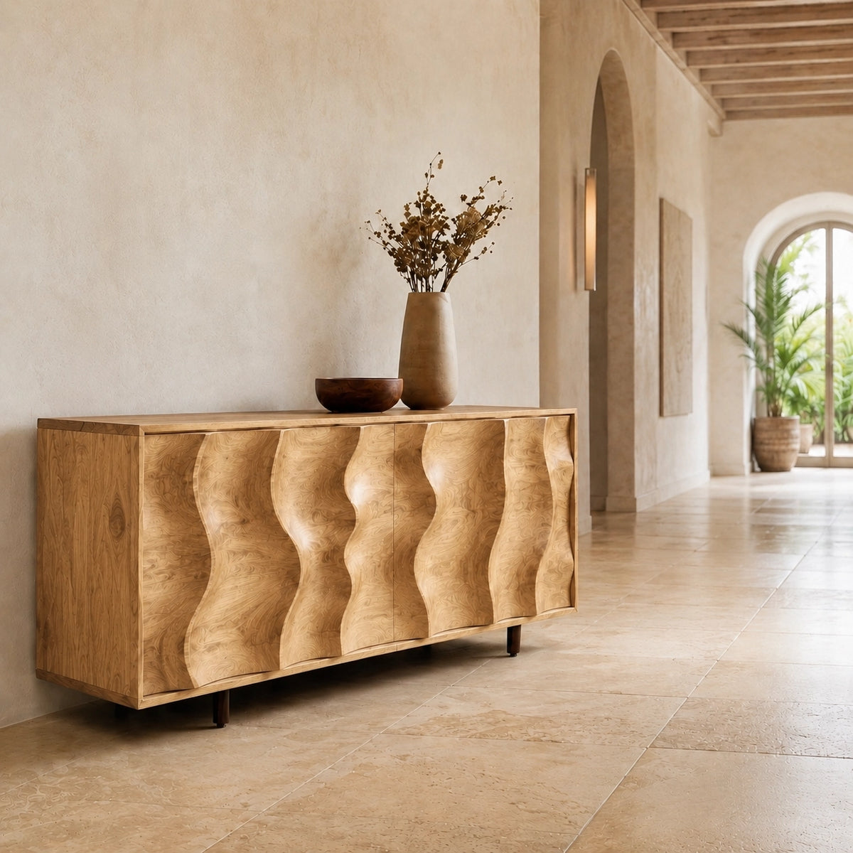 Sideboard with Wave-Carved Cabinet Doors in Natural Solid Wood Storage - Woodenecho - 3