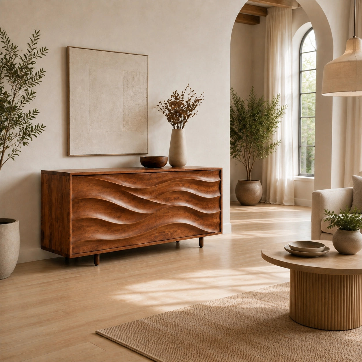 Sideboard with Wave-Carved Cabinet Doors in Natural Solid Wood Storage - Woodenecho - 3