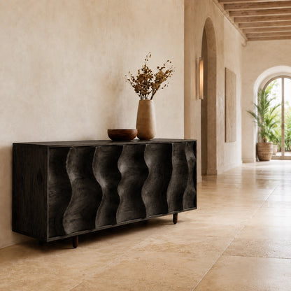 Sideboard with Wave-Carved Cabinet Doors in Natural Solid Wood Storage - Woodenecho - 4