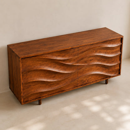 Sideboard with Wave-Carved Cabinet Doors in Natural Solid Wood Storage - Woodenecho - 4