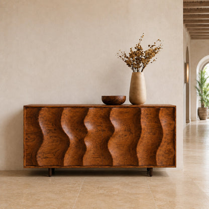 Sideboard with Wave-Carved Cabinet Doors in Natural Solid Wood Storage - Woodenecho - 5