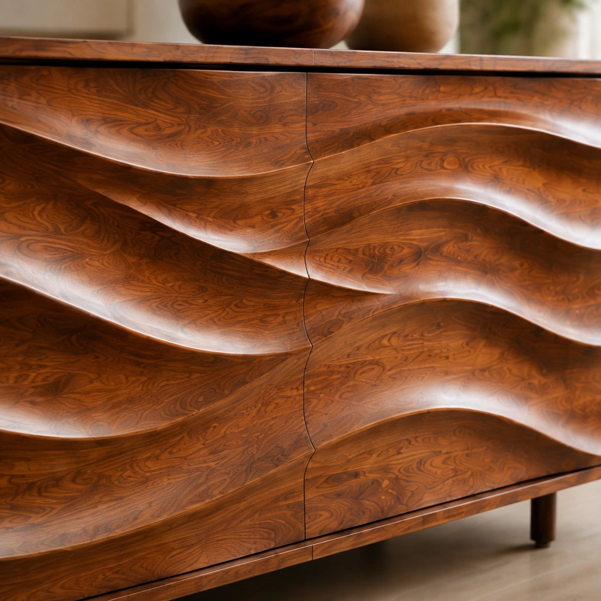 Sideboard with Wave-Carved Cabinet Doors in Natural Solid Wood Storage - Woodenecho - 5