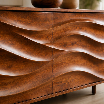 Sideboard with Wave-Carved Cabinet Doors in Natural Solid Wood Storage - Woodenecho - 5