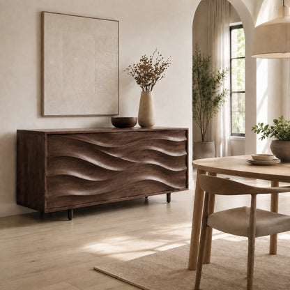 Sideboard with Wave-Carved Cabinet Doors in Natural Solid Wood Storage - Woodenecho - 6