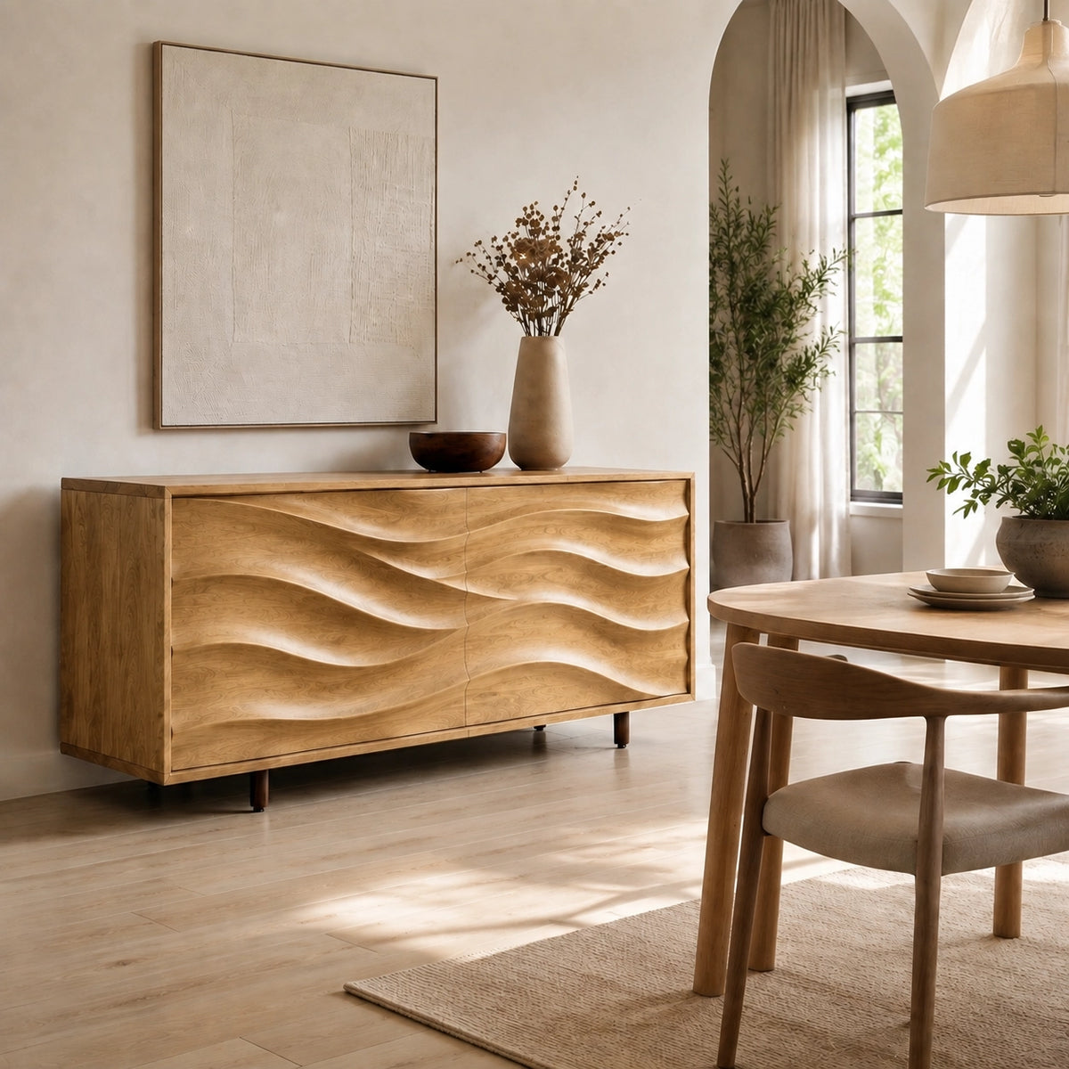 Sideboard with Wave-Carved Cabinet Doors in Natural Solid Wood Storage - Woodenecho - 7