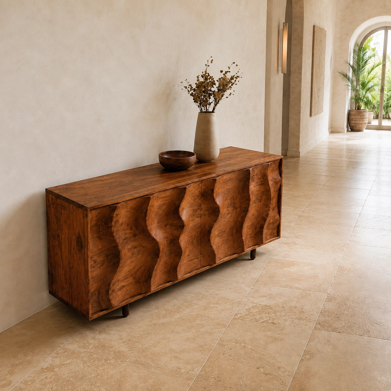 Sideboard with Wave-Carved Cabinet Doors in Natural Solid Wood Storage - Woodenecho - 8