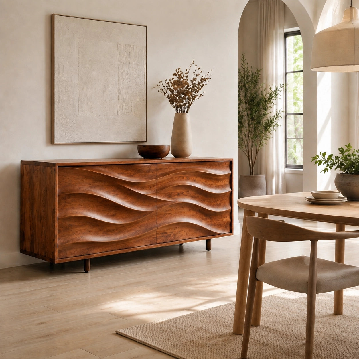 Sideboard with Wave-Carved Cabinet Doors in Natural Solid Wood Storage - Woodenecho - 8
