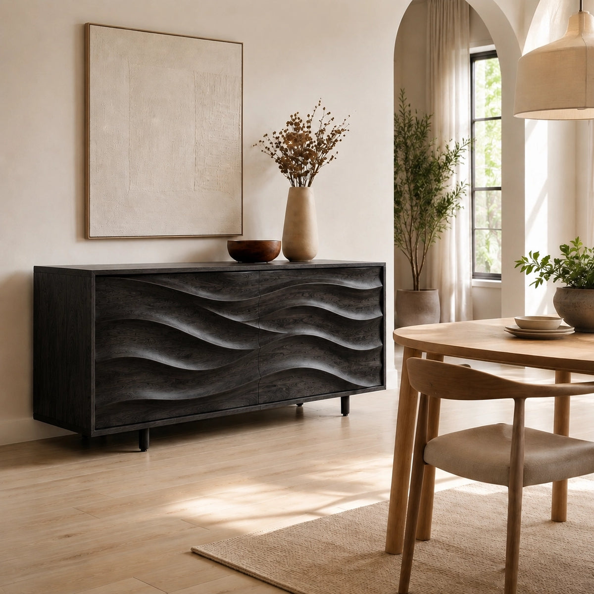 Sideboard with Wave-Carved Cabinet Doors in Natural Solid Wood Storage - Woodenecho - 9